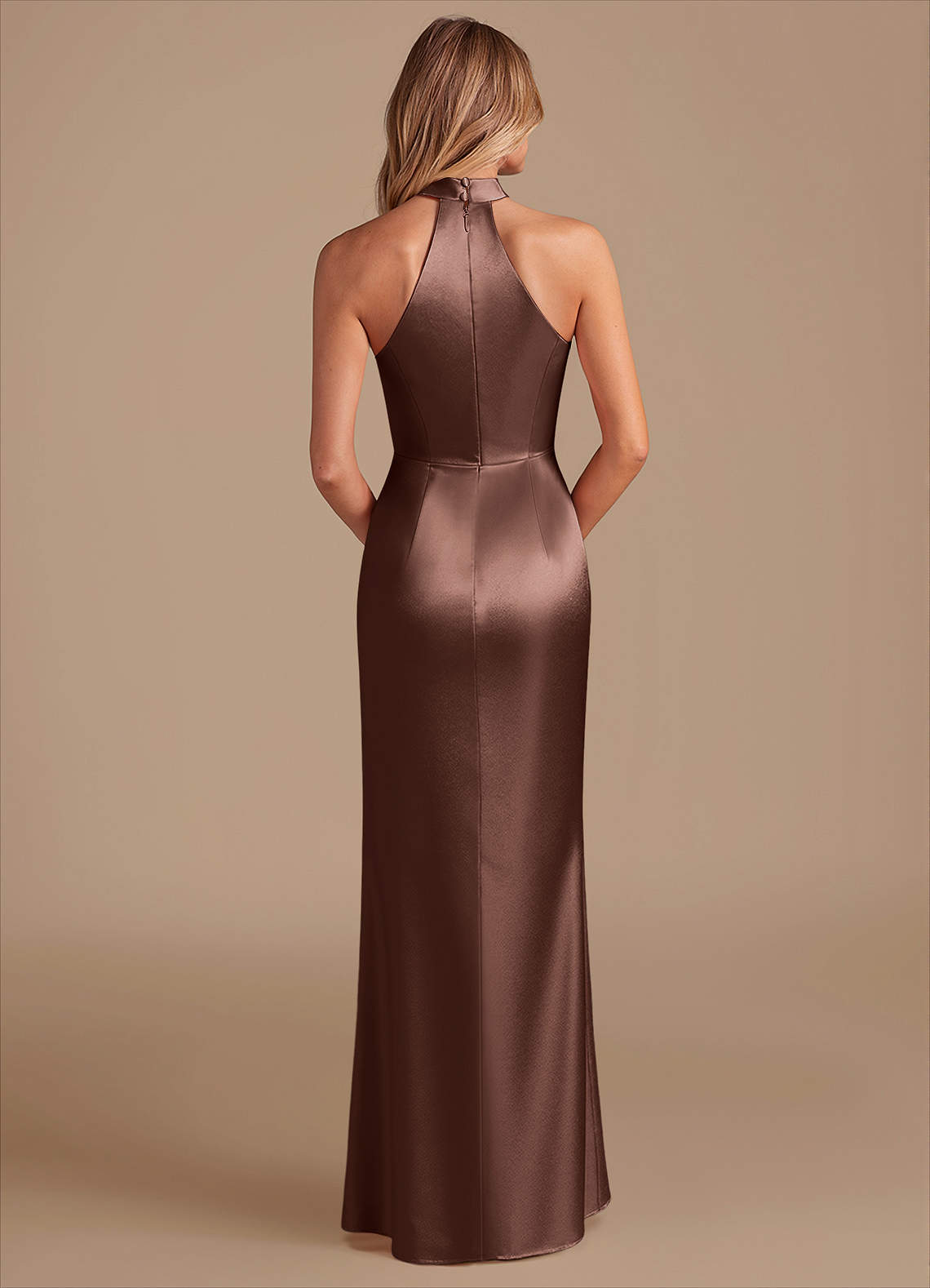 Karlotta Sheath Halter-Neck Metallic Satin Bridesmaid Dress in Espresso