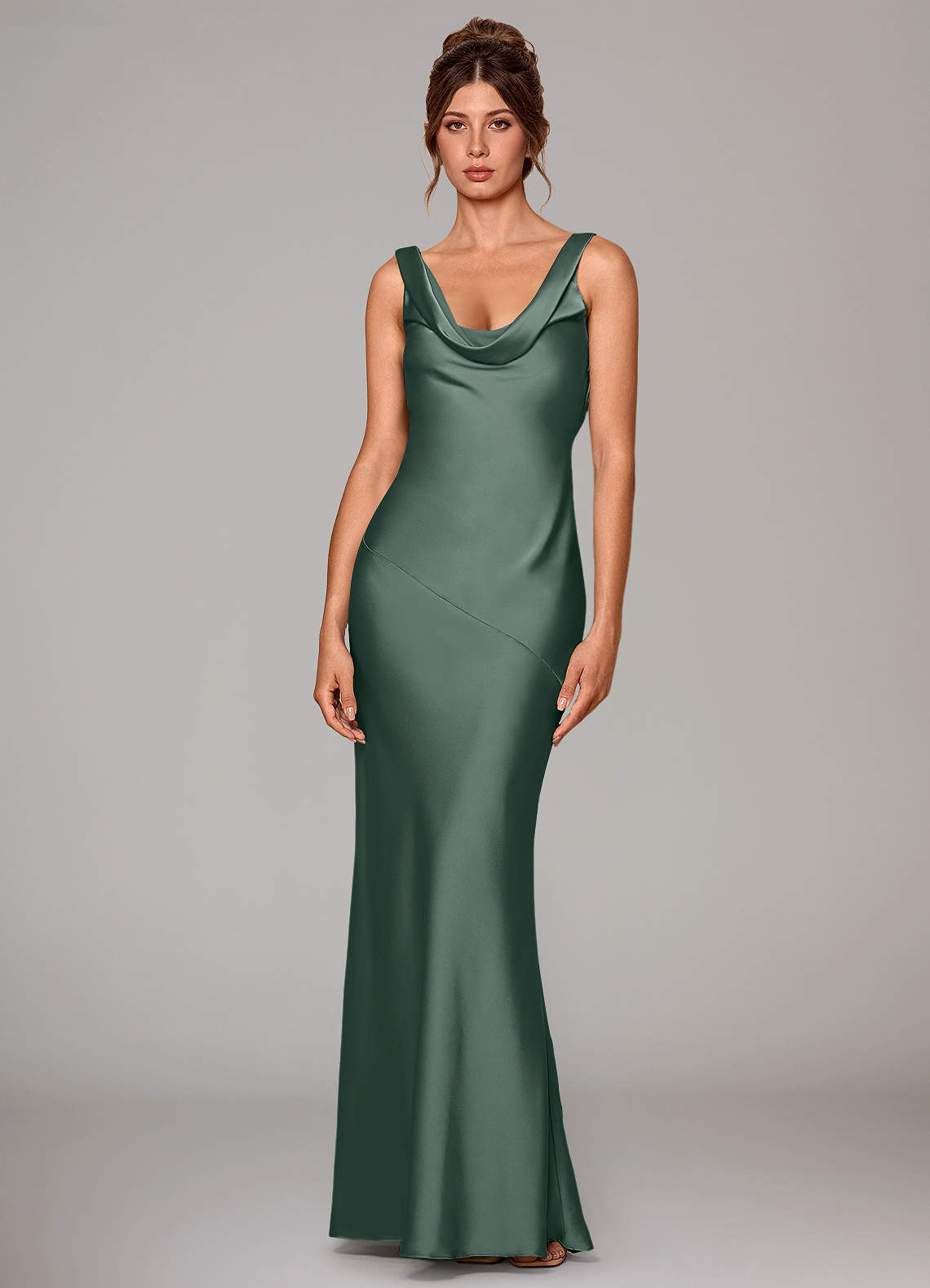 Rylina Mermaid Cowl-Neck Stretch Satin Bridesmaid Dress in Sea Moss