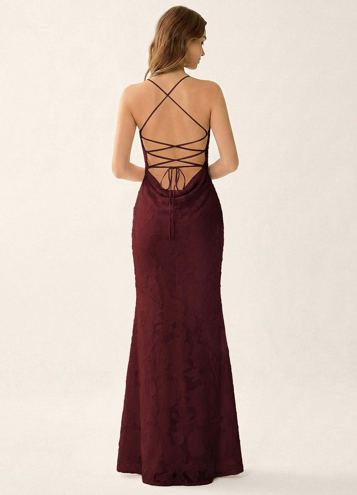 Natasha Mermaid Spaghetti-Strap Floral Burnout Evening Dress in Wine