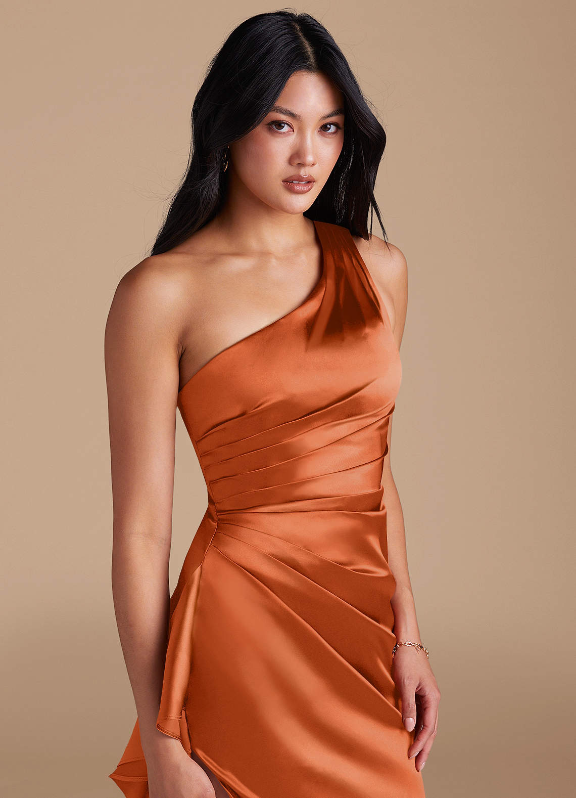 Latrice Sheath One-Shoulder Metallic Satin Bridesmaid Dress in Burnt Orange