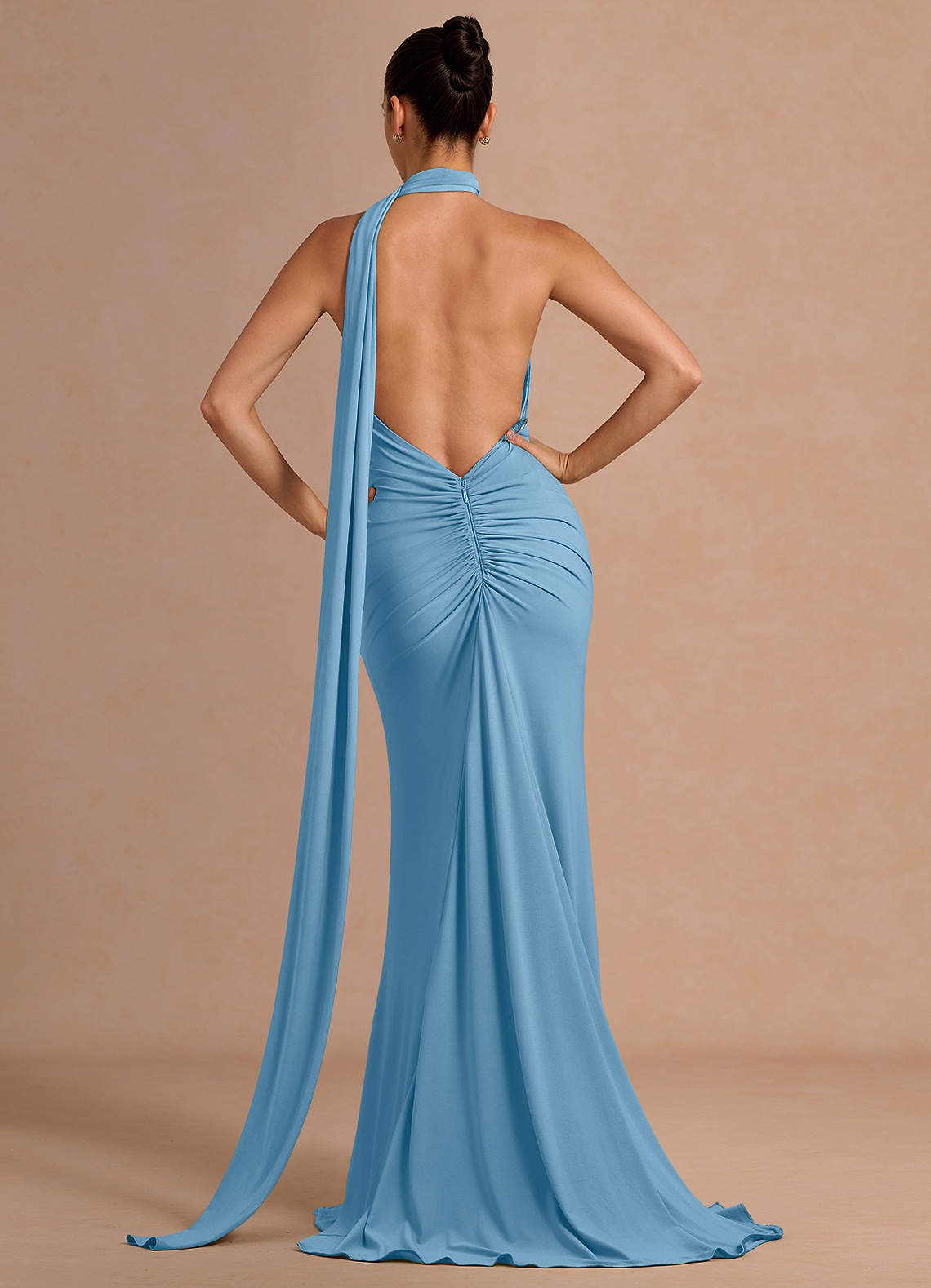 Miliani Sheath Neck-Tie Stretch Knit Evening Dress in Steel Blue
