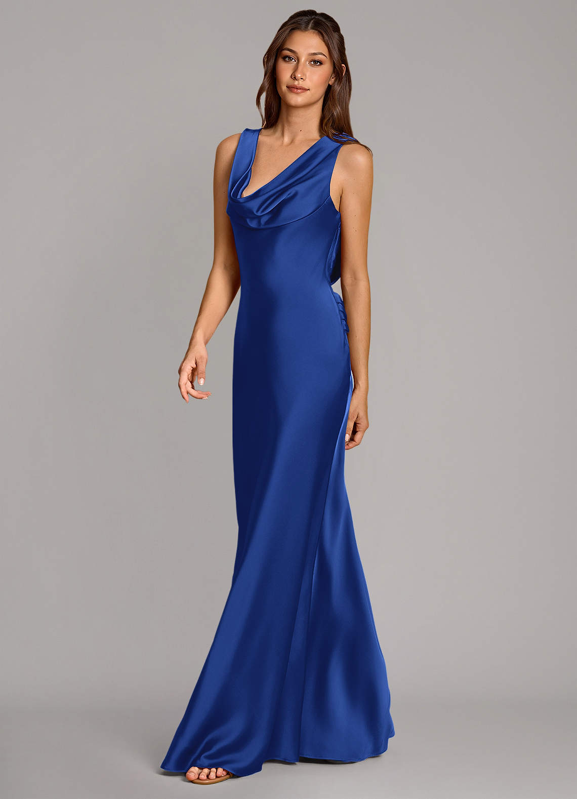 Cheryl Mermaid Cowl-Neck Stretch Satin Bridesmaid Dress in Royal Blue