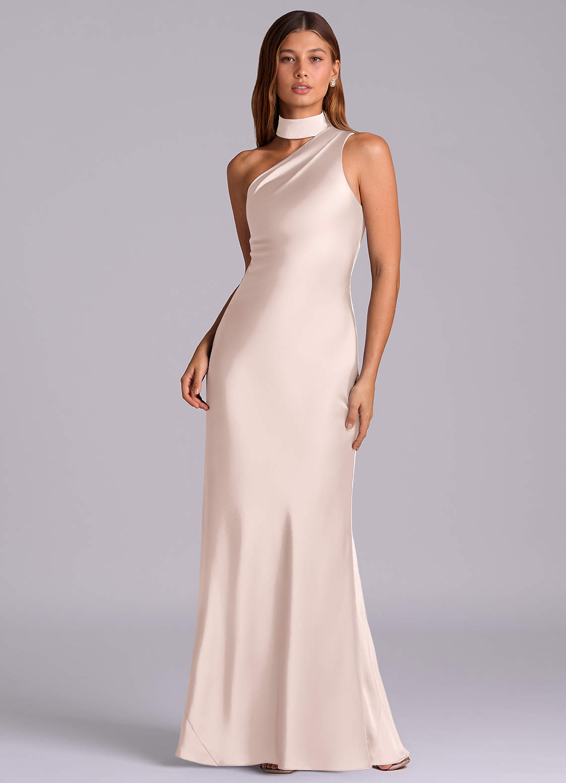 Seona Mermaid One-Shoulder Stretch Satin and Tulle Bridesmaid Dress in Blushing Pink