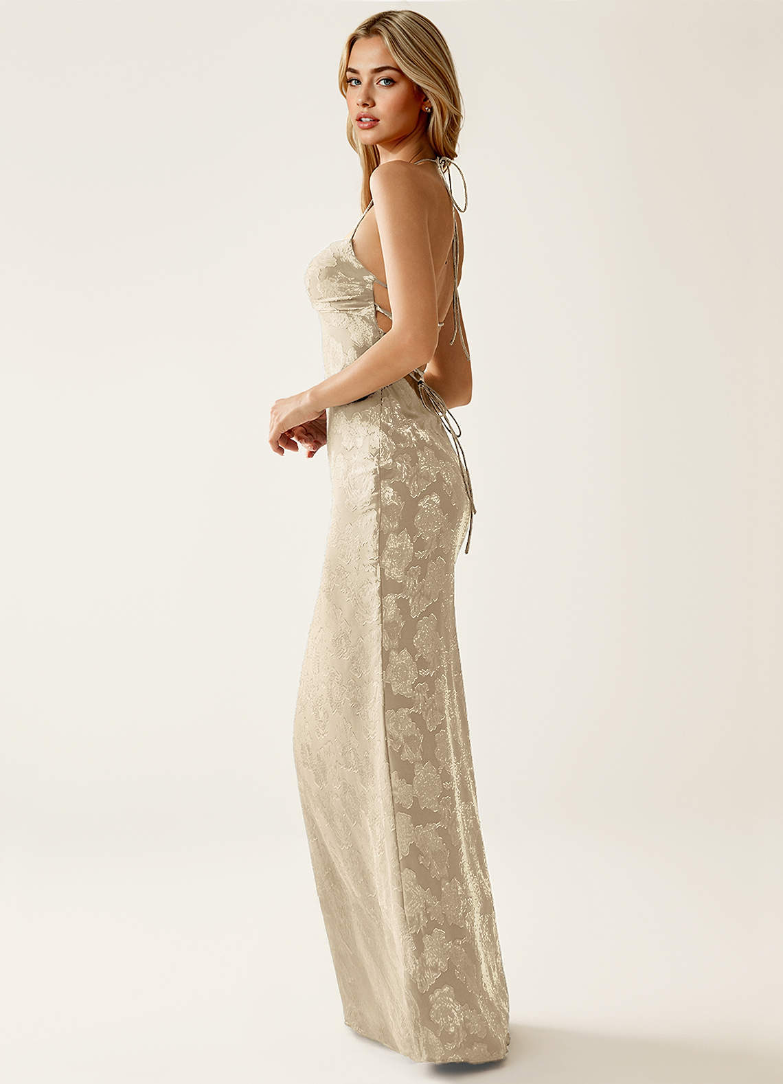 Angena Sheath Halter Floral Burnout Evening Dress in Cream