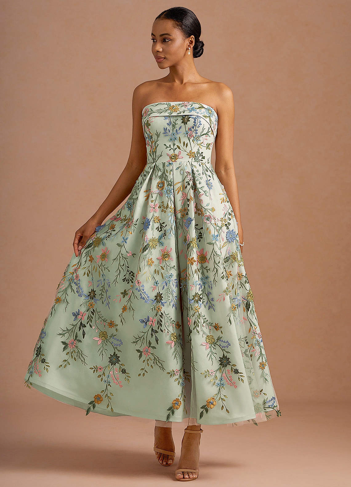 Evangeline Strapless Corset Floral Lace Evening Dress in Light Green