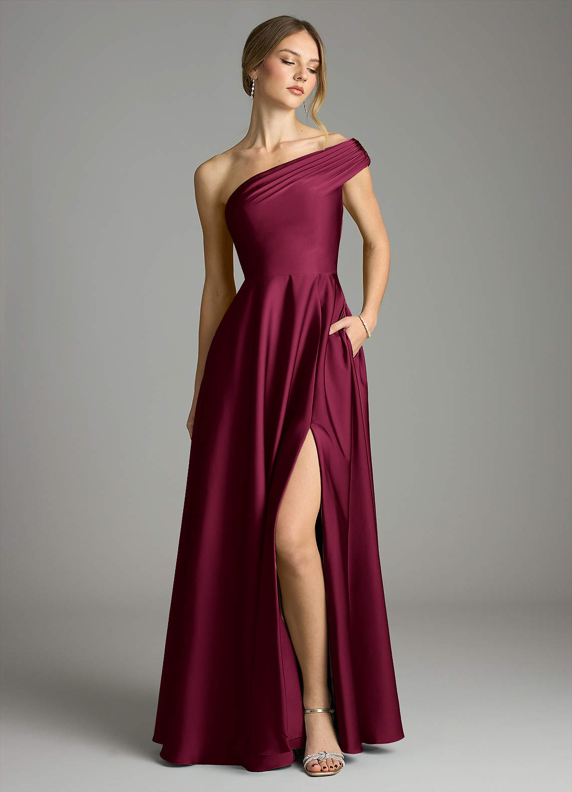 Melanie A-Line One-Shoulder Stretch Satin Bridesmaid Dress in Burgundy