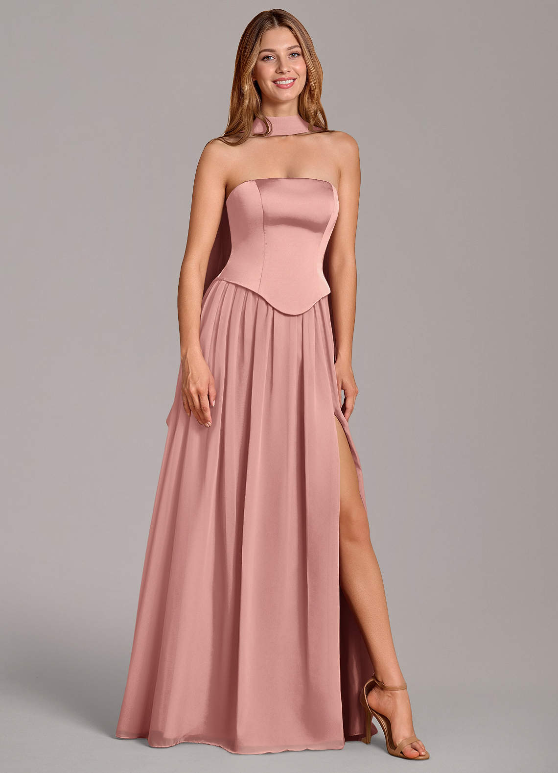 Cadence A-Line Strapless Chiffon and Stretch Satin Bridesmaid Dress in Rosette