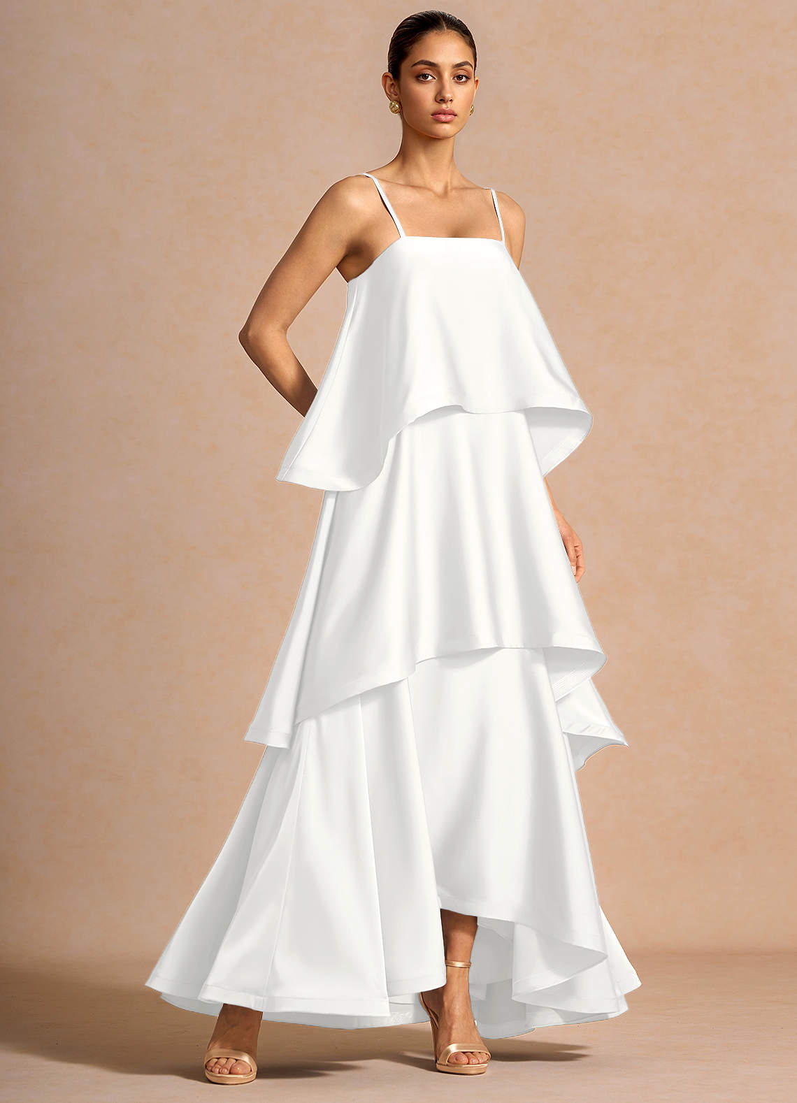 Itasca A-Line Tiered Stretch Satin Wedding Guest Dress in Lemon Green