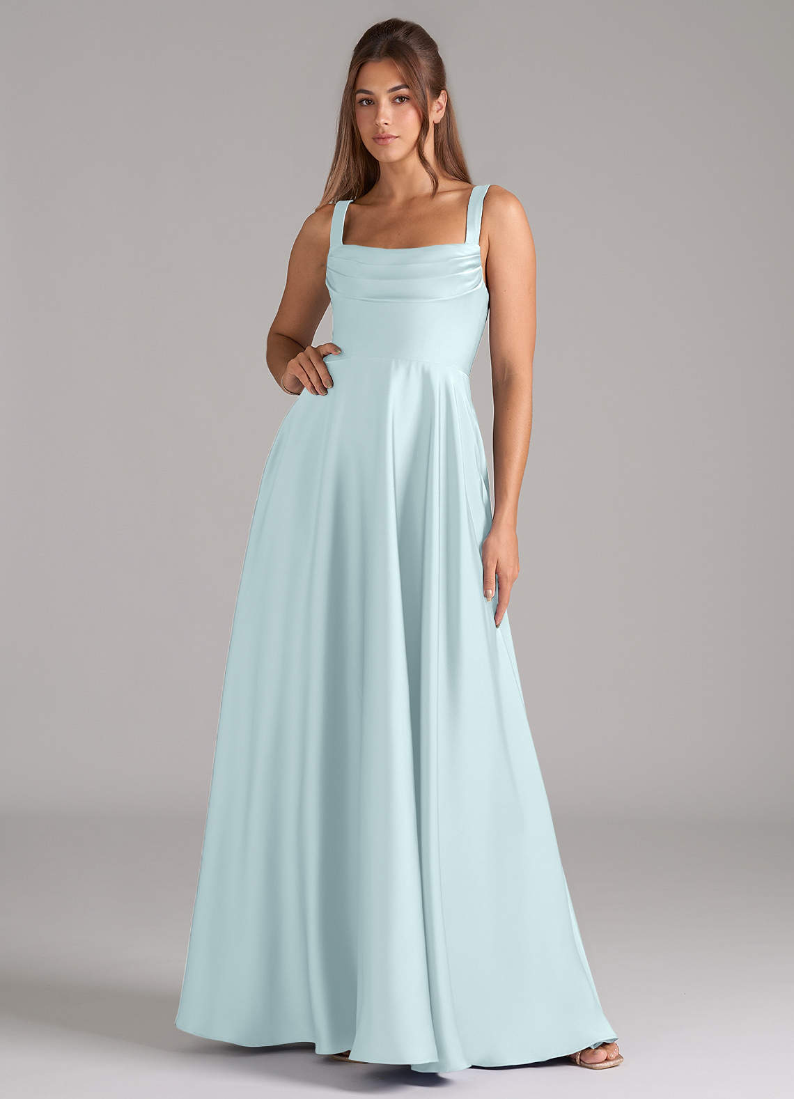Shaude A-Line Square-Neck Stretch Satin Bridesmaid Dress in Sea Glass
