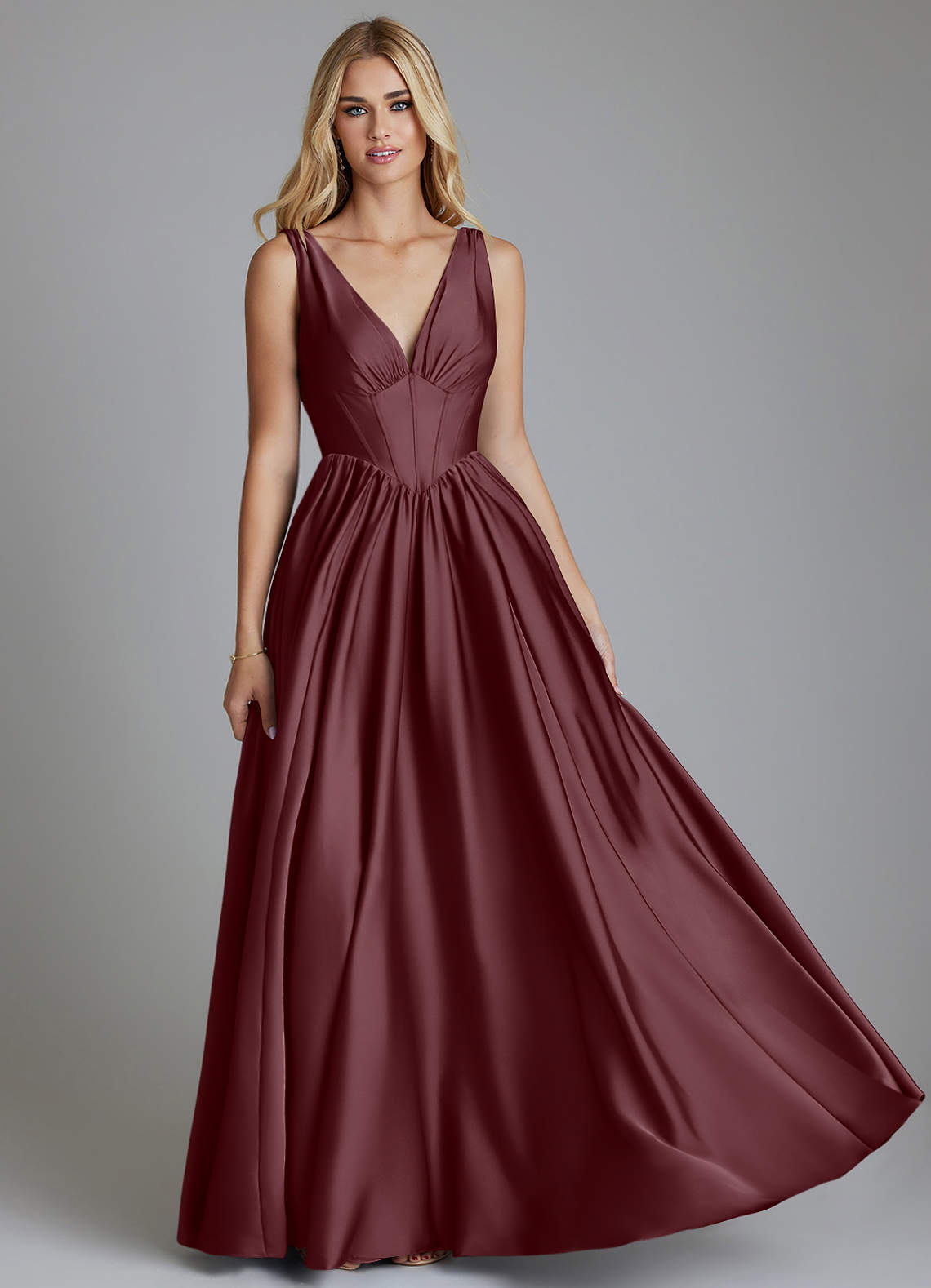 Delmie A-Line V-Neck Stretch Satin Bridesmaid Dress in Sangria
