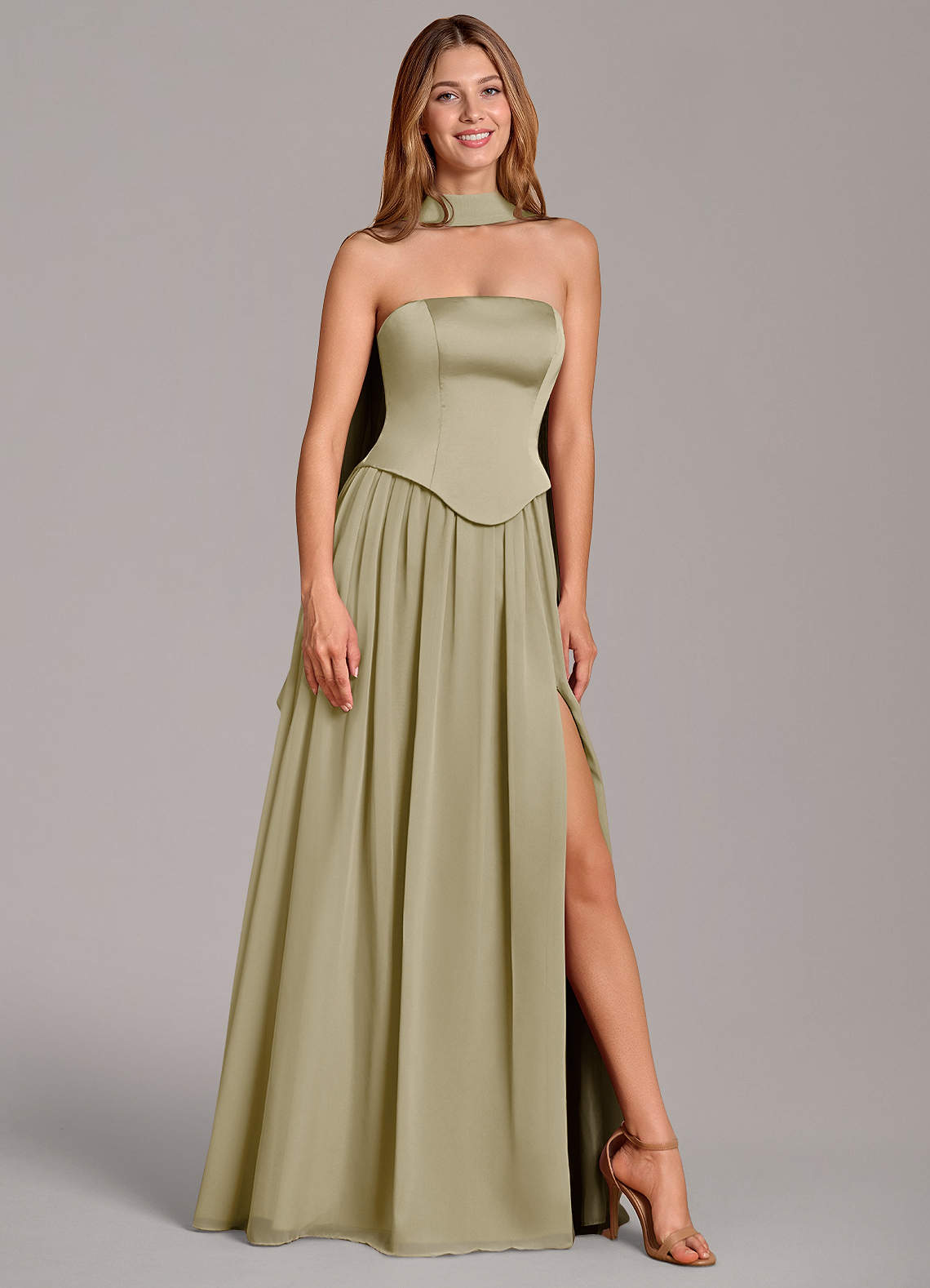 Cadence A-Line Strapless Chiffon and Stretch Satin Bridesmaid Dress in Moss Green