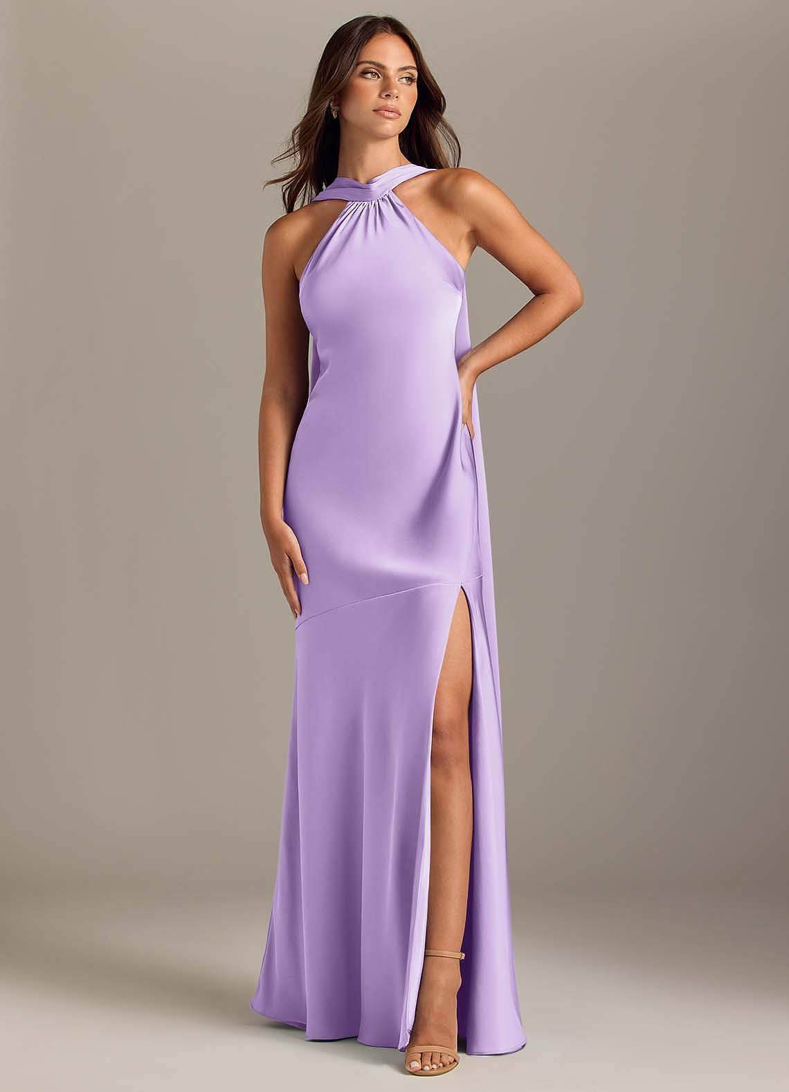 Kinsley Mermaid Halter Stretch Satin Bridesmaid Dress in Lilac