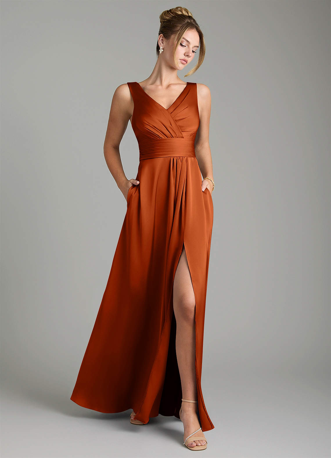 Karina A-Line V-Neck Stretch Satin Bridesmaid Dress in Burnt Orange