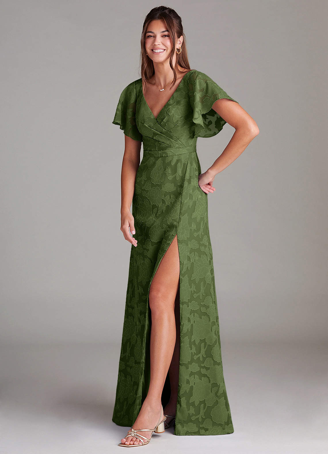 Ambrosia A-Line V-Neck Floral Burnout Bridesmaid Dress in Olive