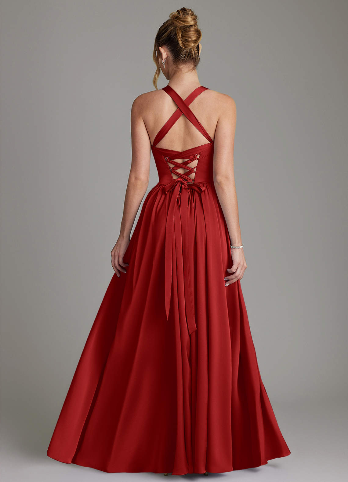 Francis A-Line V-Neck Stretch Satin Bridesmaid Dress in Pomegranate