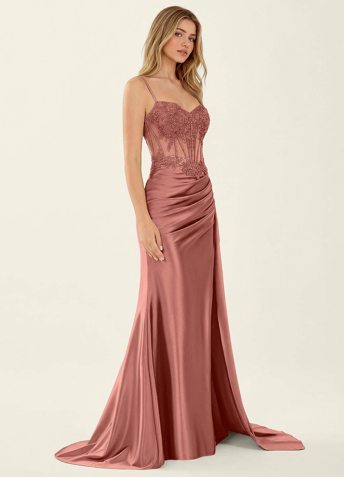 Celestianora Mermaid Beaded Stretch Satin Evening Dress in Dusty Rose