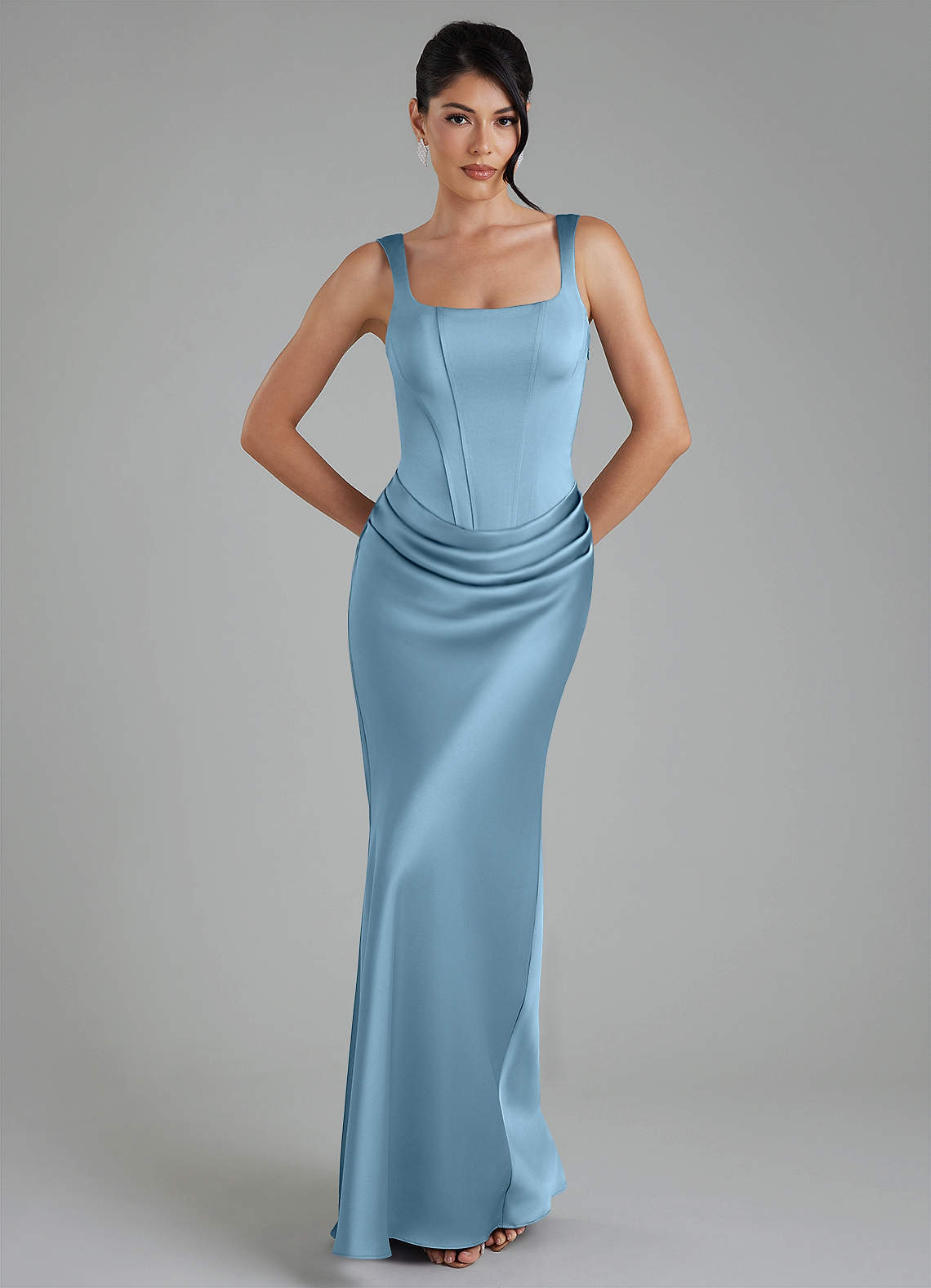 Etta Mermaid Square-Neck Stretch Satin Bridesmaid Dress in Steel Blue