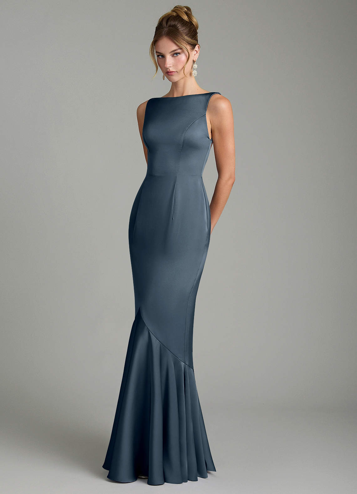 Tamera Mermaid Boat-Neck Stretch Satin and Chiffon Bridesmaid Dress in Twilight