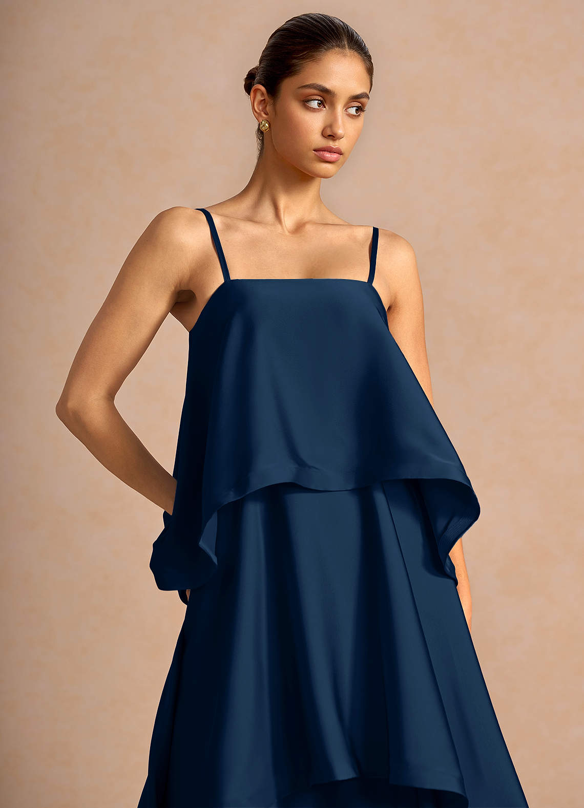 Itasca A-Line Tiered Stretch Satin Wedding Guest Dress in Navy