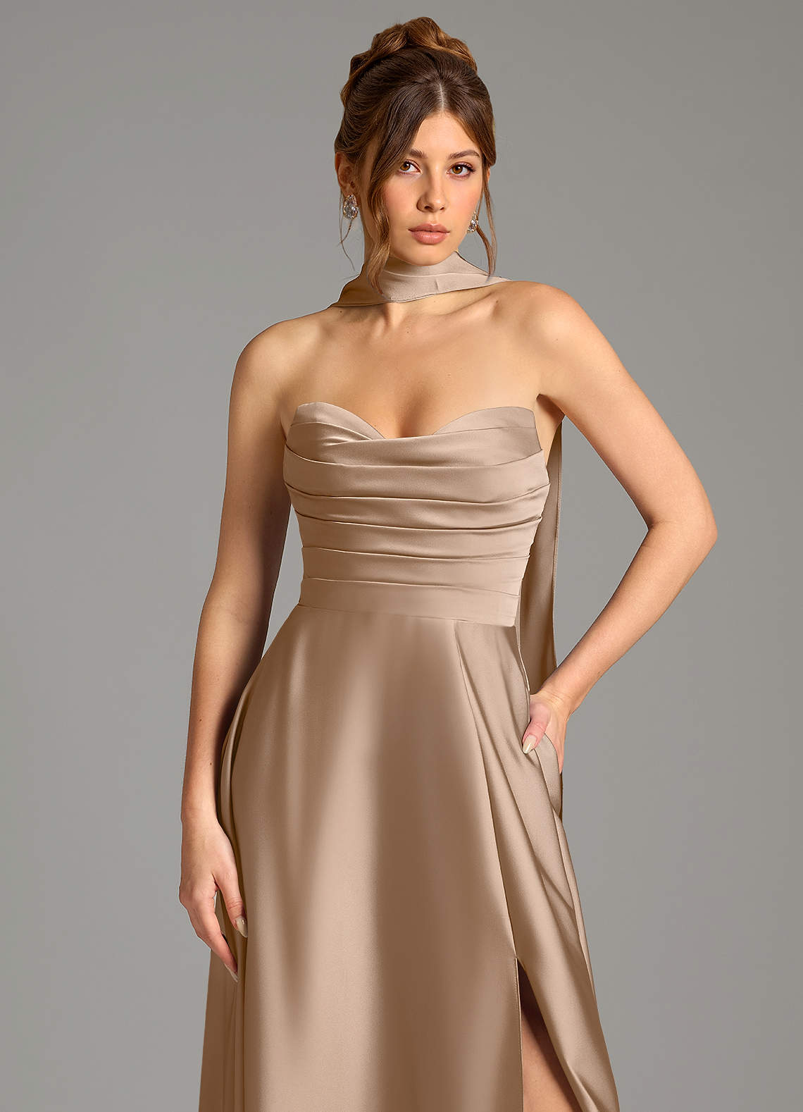 Ayla A-Line Sweetheart Stretch Satin Bridesmaid Dress in Taupe