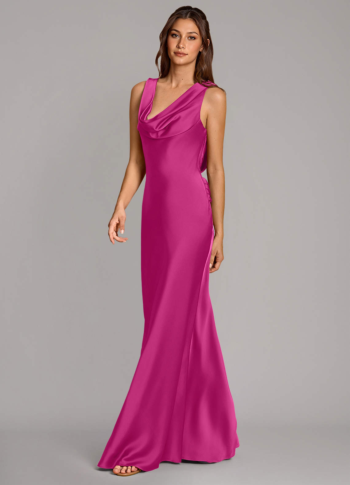 Cheryl Mermaid Cowl-Neck Stretch Satin Bridesmaid Dress in Fuchsia