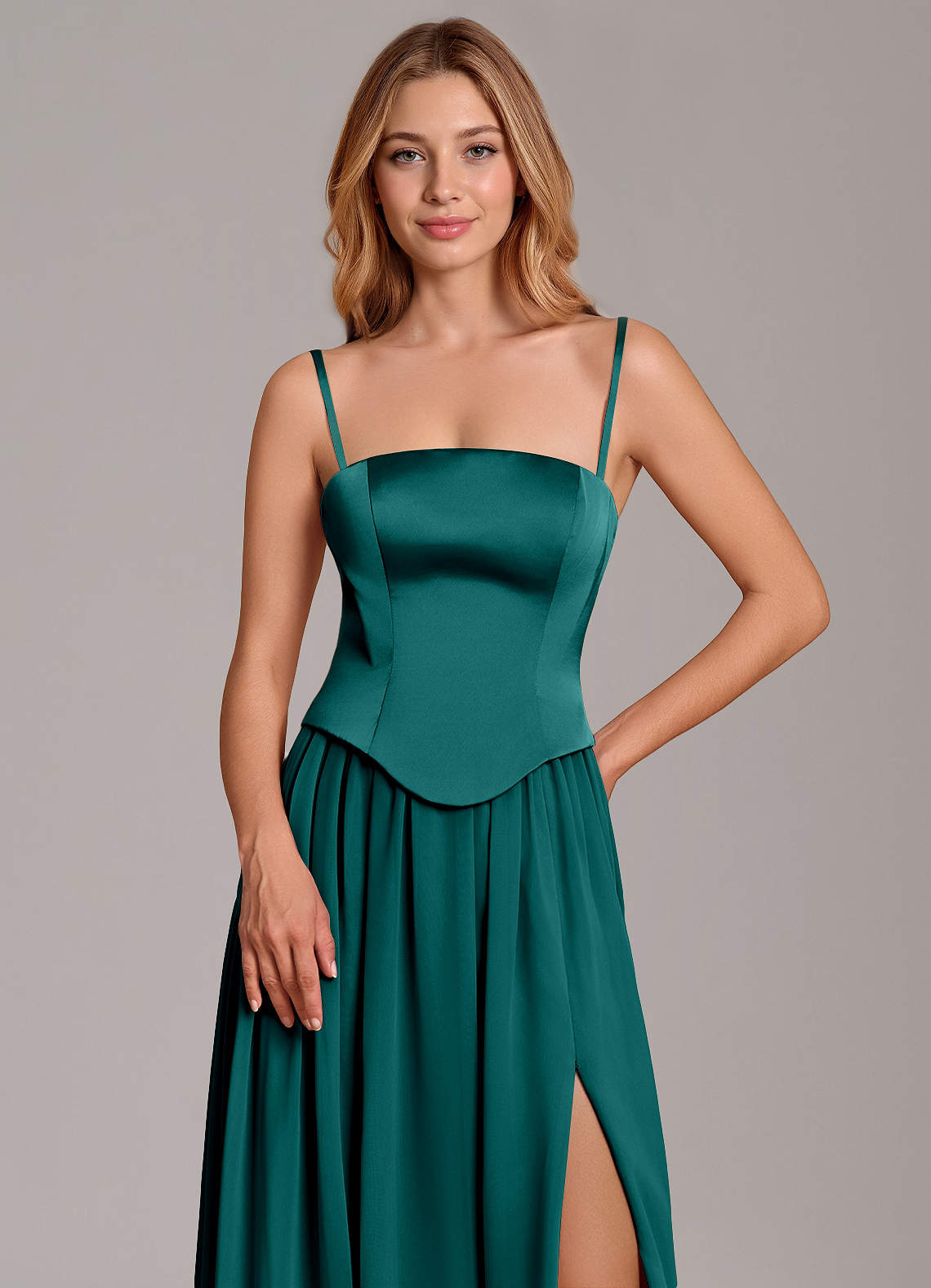 Cadence A-Line Strapless Chiffon and Stretch Satin Bridesmaid Dress in Peacock