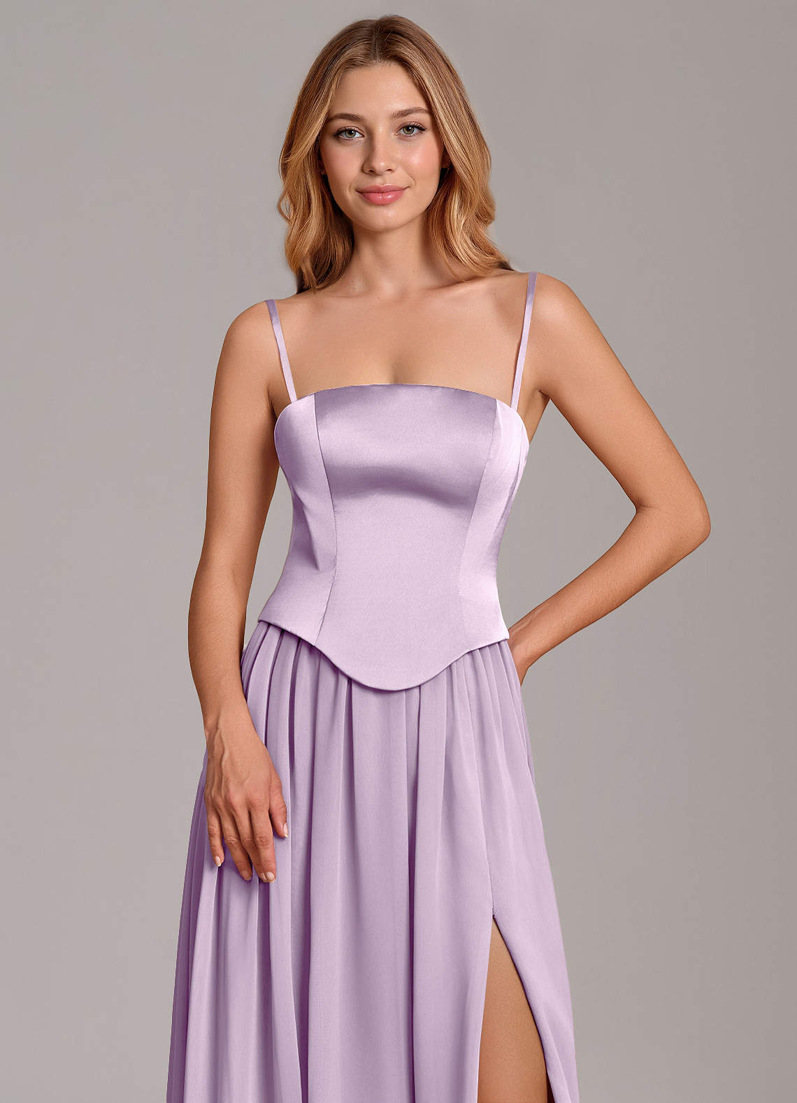 Cadence A-Line Strapless Chiffon and Stretch Satin Bridesmaid Dress in Frosted Lilac