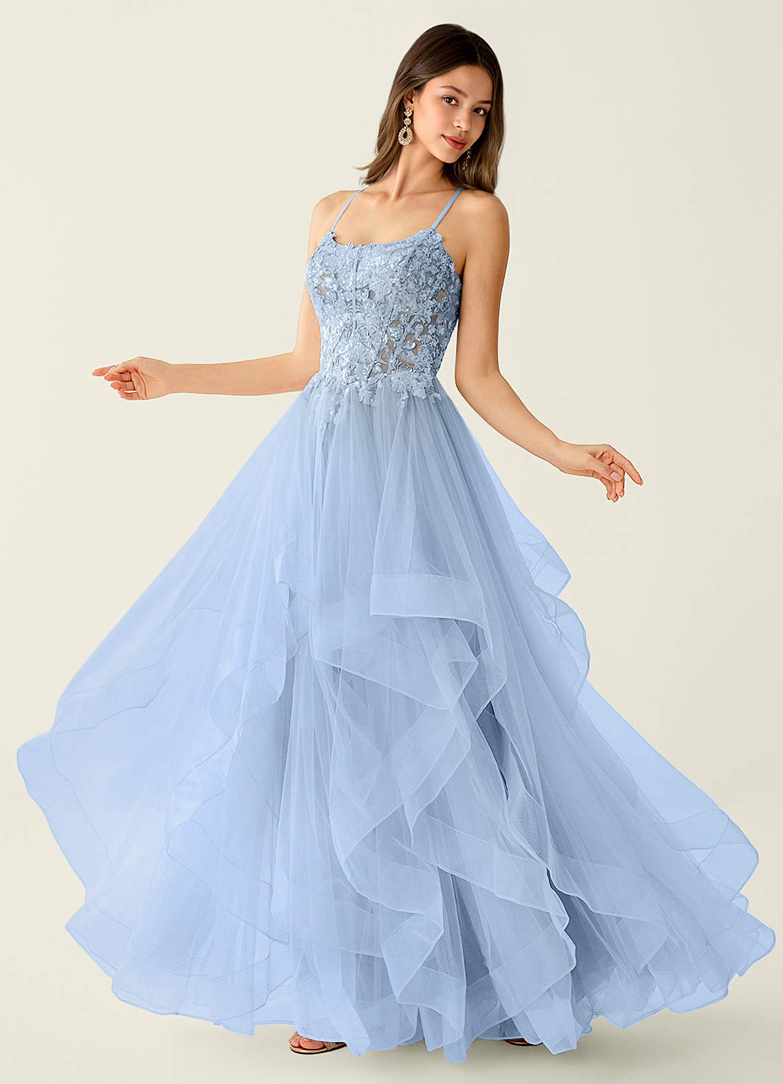 Mosaic A-Line V-Neck Tulle Evening Dress in Blue