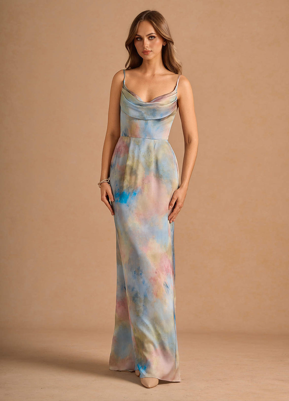 Aimee Cowl-Neck Spaghetti-Strap Floral Jacquard Wedding Guest Dress in Watercolor