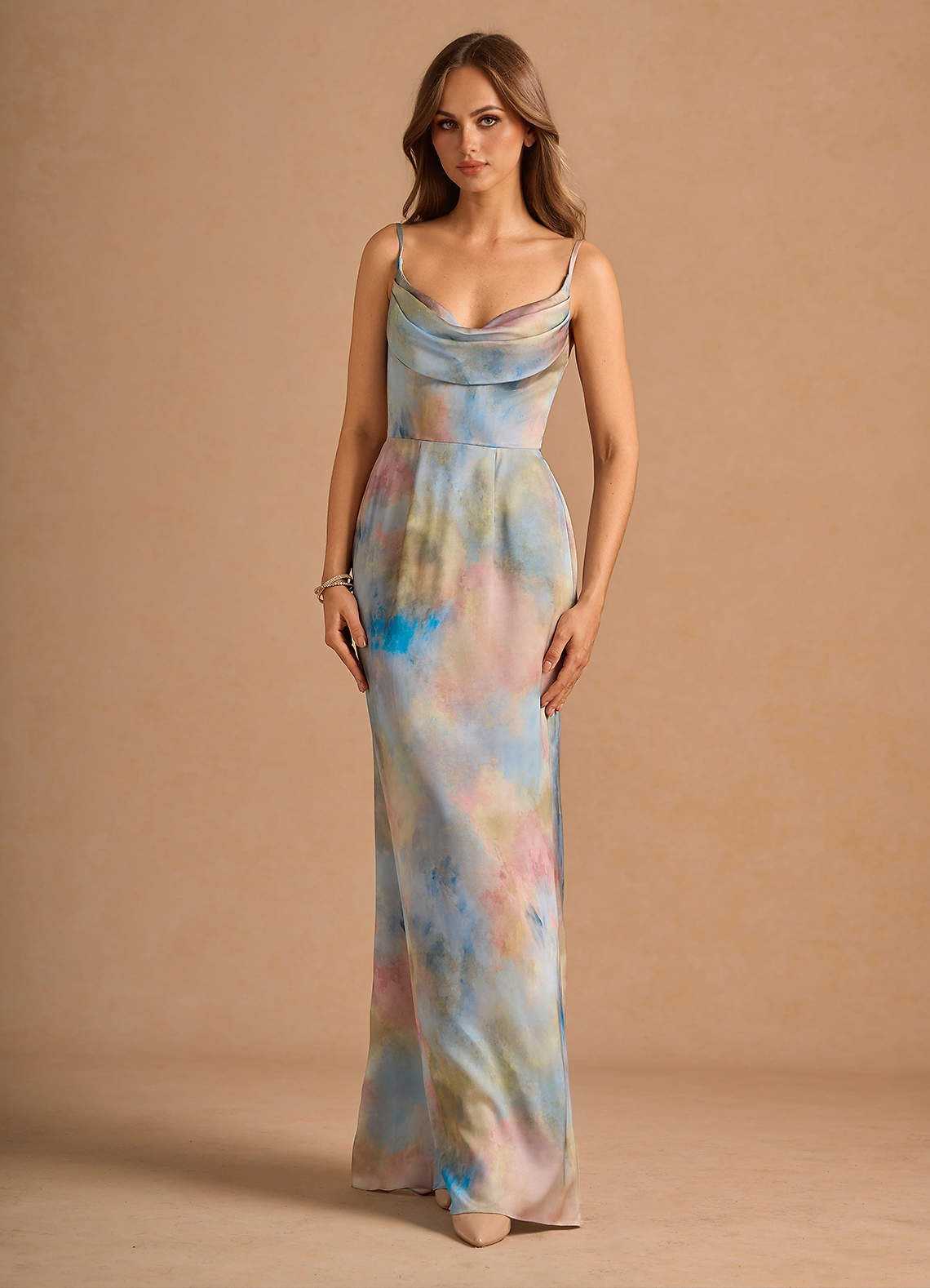 Aimee Cowl-Neck Spaghetti-Strap Floral Jacquard Wedding Guest Dress in Watercolor