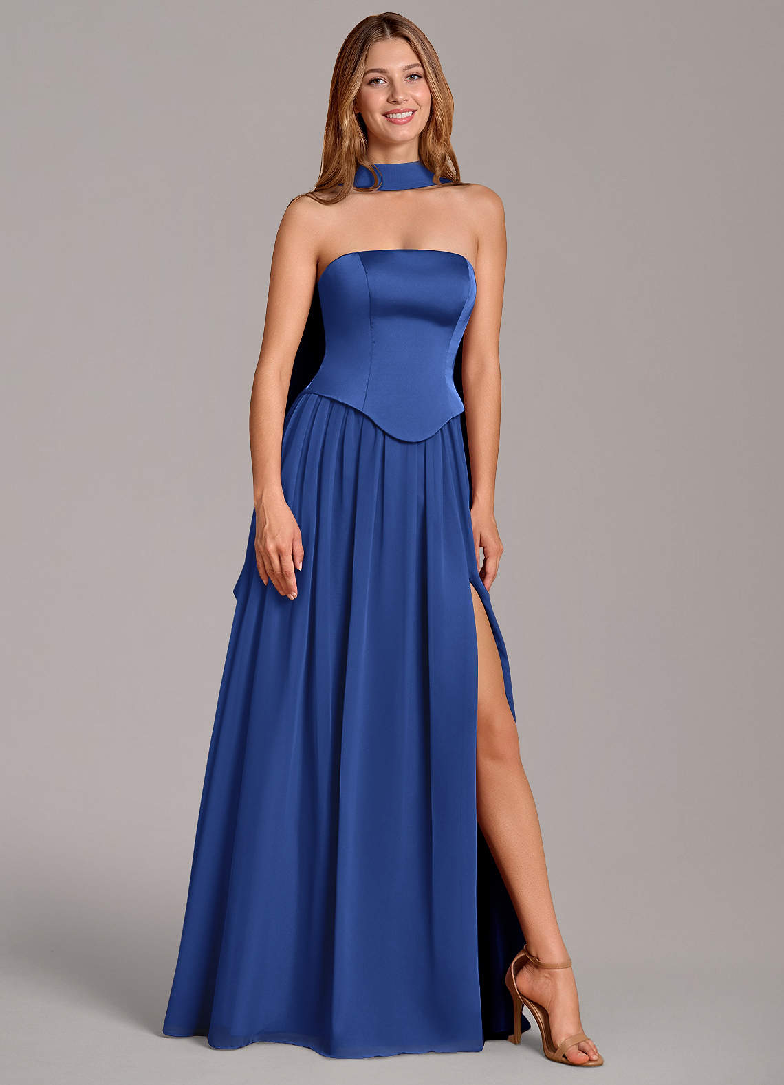 Cadence A-Line Strapless Chiffon and Stretch Satin Bridesmaid Dress in Royal Blue