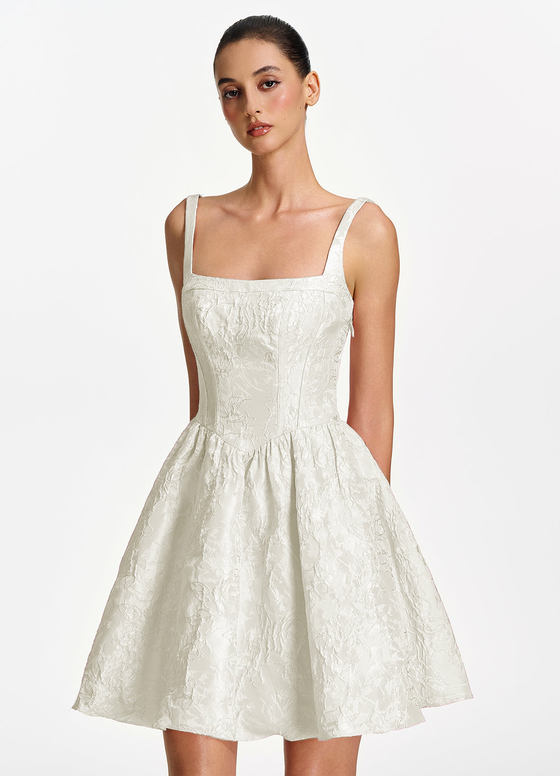 Lionelle Skater Mini Square-Neck Jacquard Prom Dress in White