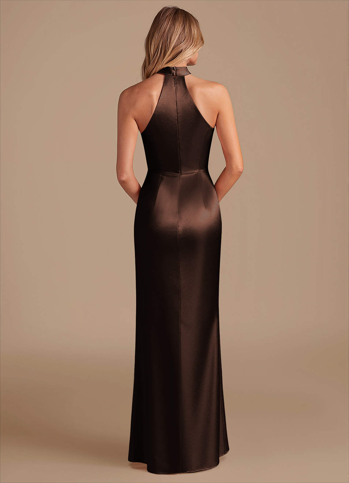 Karlotta Sheath Halter-Neck Metallic Satin Bridesmaid Dress in Ganache