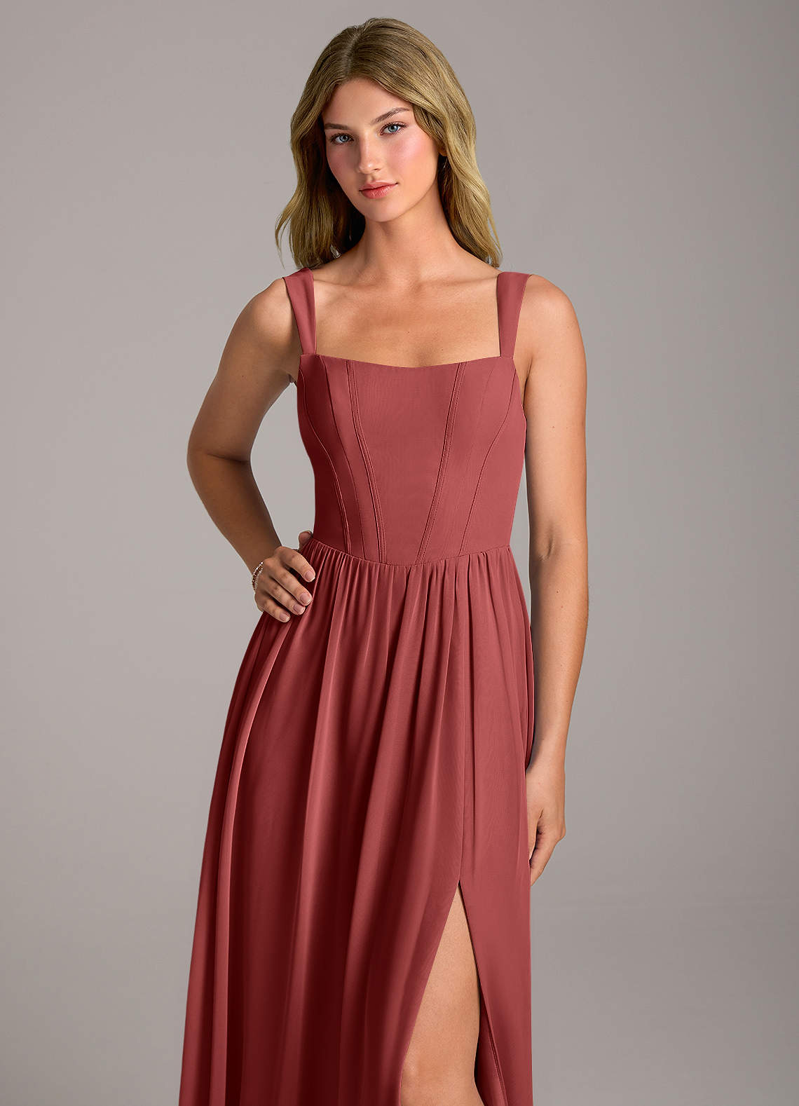 Rosaline A-Line Square-Neck Chiffon Bridesmaid Dress in Terracotta