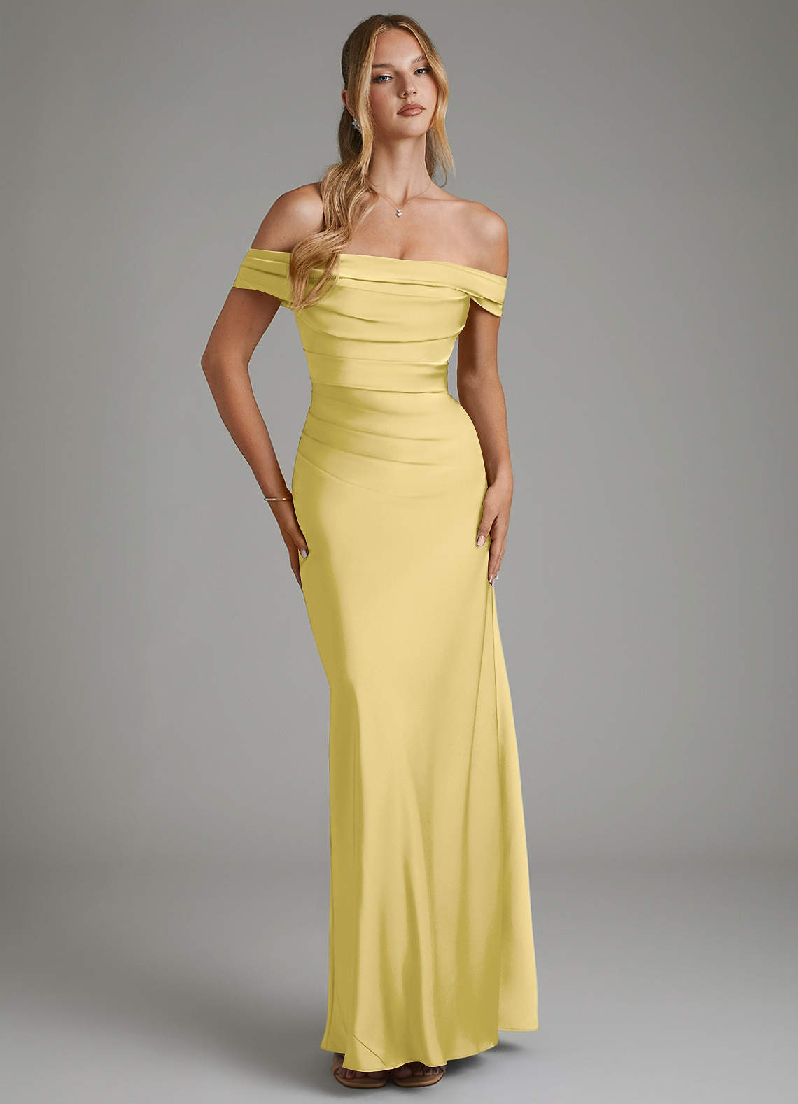 Hayden Mermaid Off-the-Shoulder Stretch Satin Bridesmaid Dress in Canary