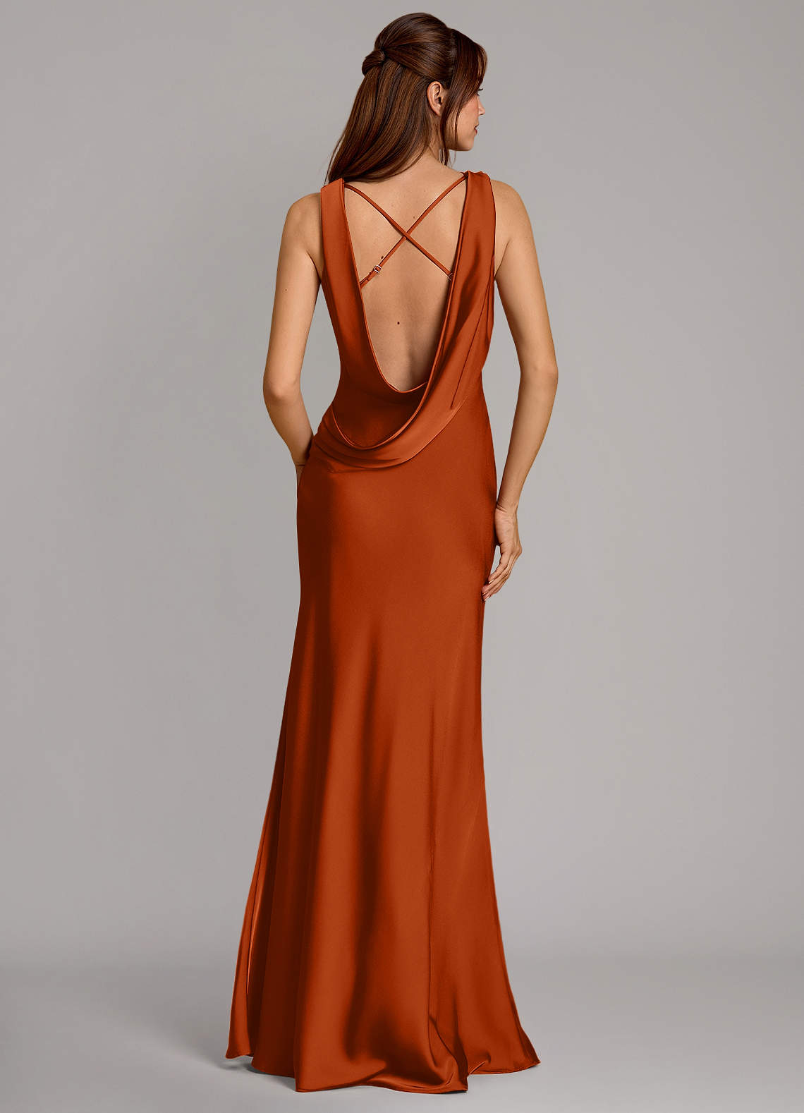 Cheryl Mermaid Cowl-Neck Stretch Satin Bridesmaid Dress in Burnt Orange
