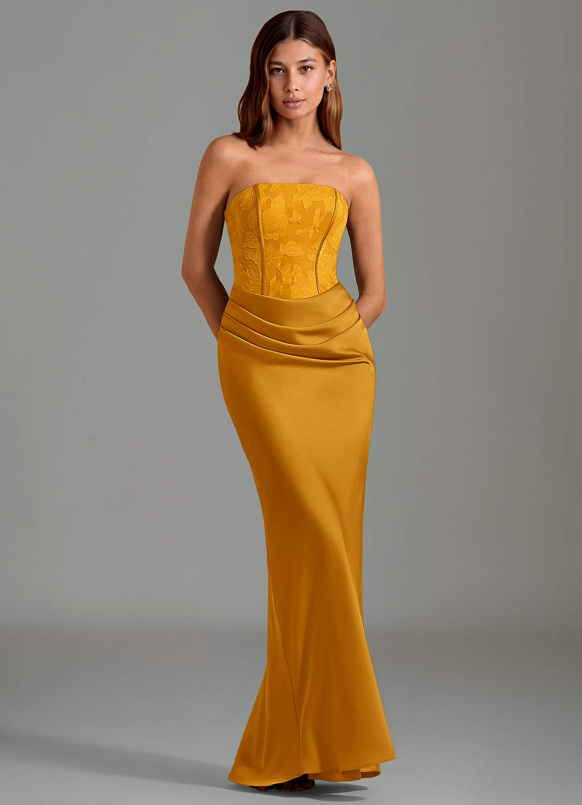 Emilia Mermaid Strapless Stretch Satin and Floral Burnout Bridesmaid Dress in butterscotch