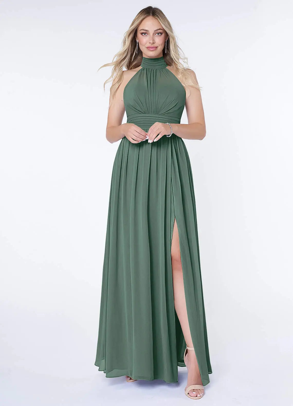 Iman A-Line Halter Chiffon Bridesmaid Dress in Sea Moss
