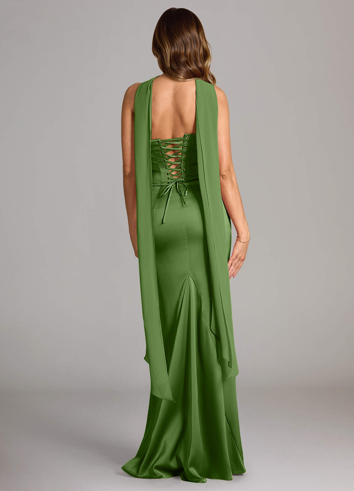 Sorrel Mermaid Cowl-Neck Stretch Satin and Chiffon Bridesmaid Dress in Basil