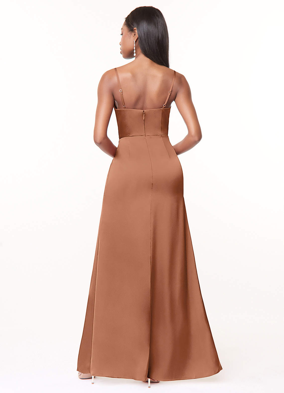 Maci A-Line V-Neck Stretch Satin Bridesmaid Dress in Bronzer
