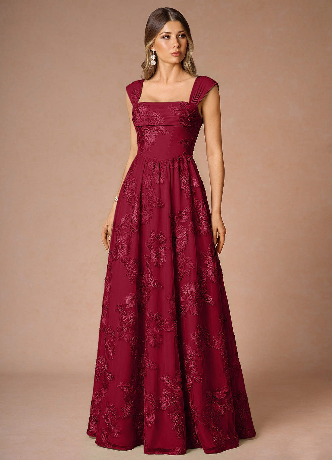 Hazel A-Line Cowl-Neck Floral Mesh Wedding Guest Dress in Burgundy
