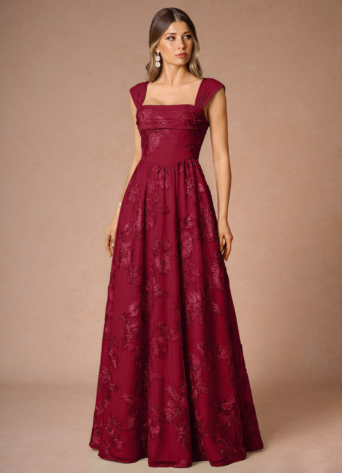 Hazel A-Line Cowl-Neck Floral Mesh Wedding Guest Dress in Burgundy
