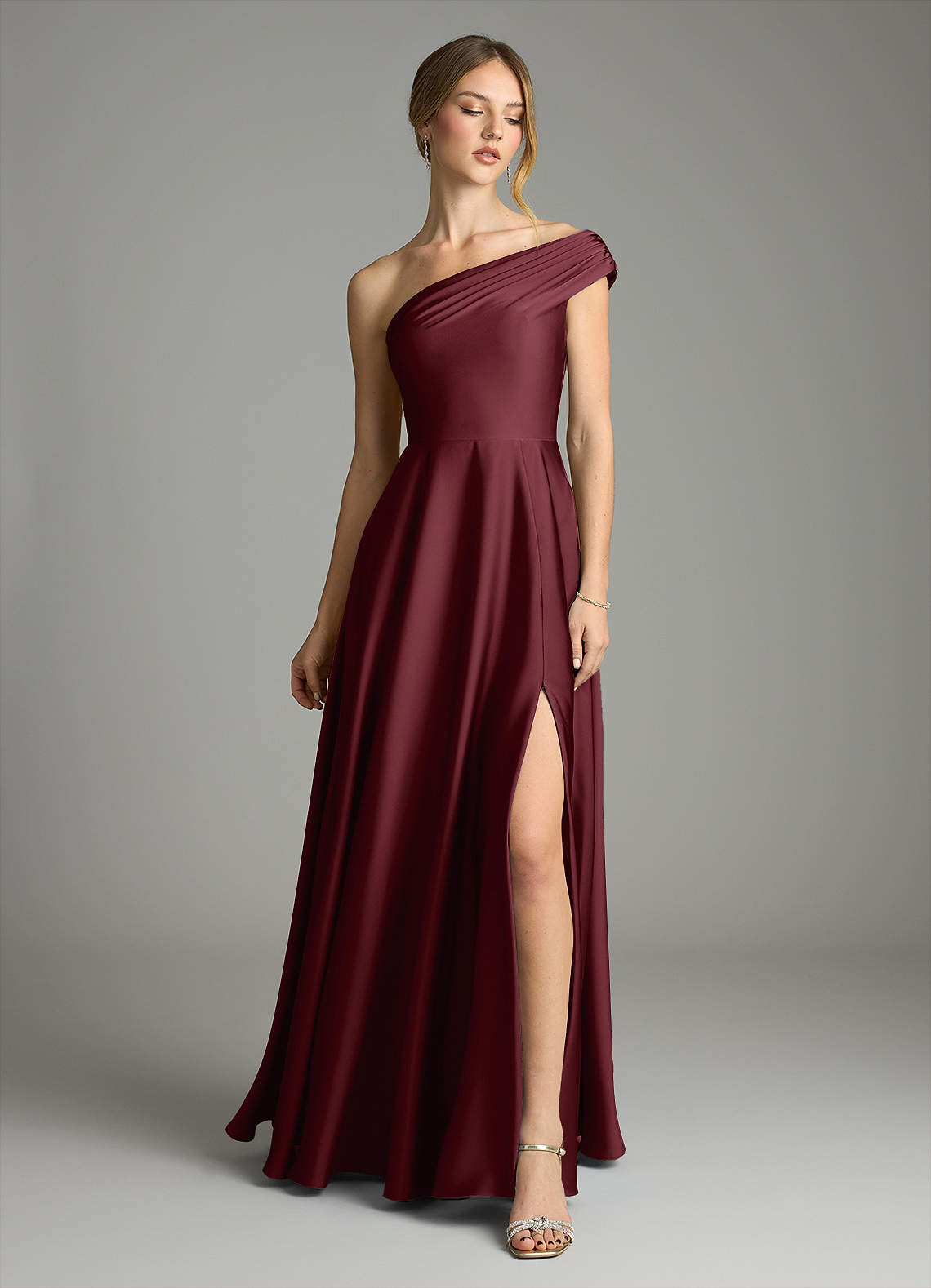 Melanie A-Line One-Shoulder Stretch Satin Bridesmaid Dress in Cabernet