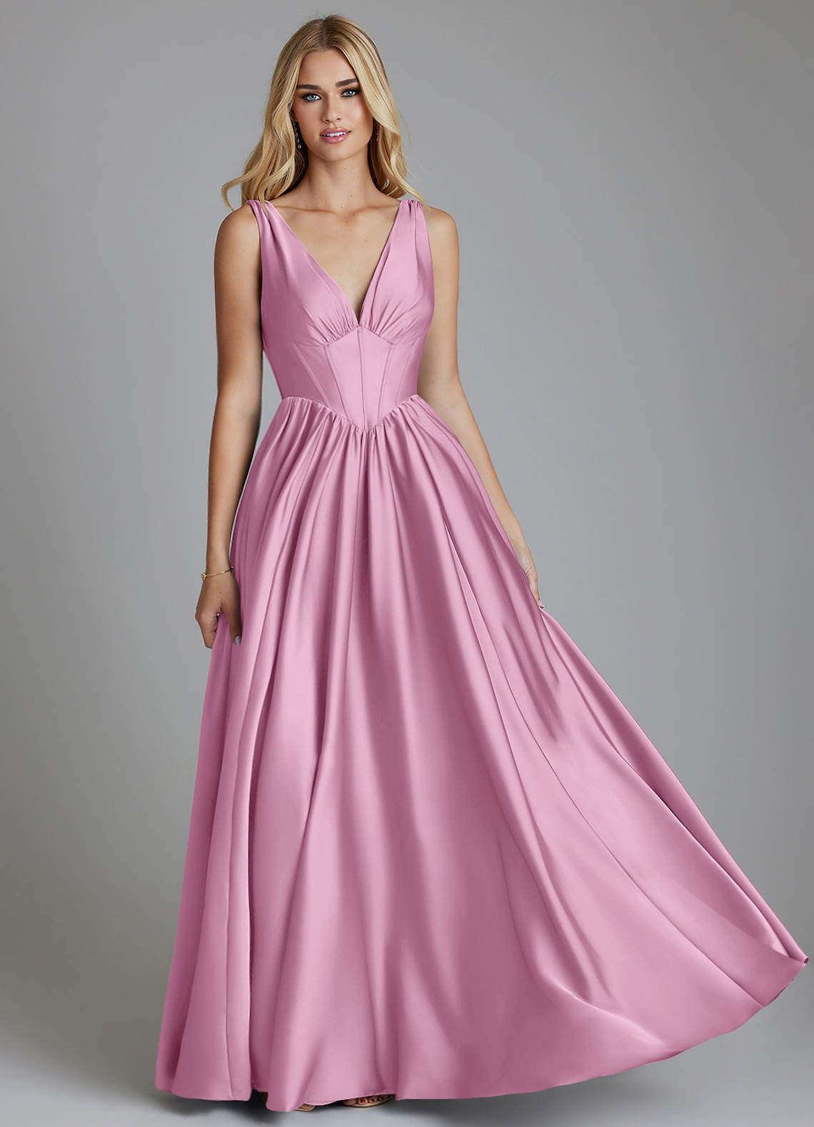 Delmie A-Line V-Neck Stretch Satin Bridesmaid Dress in candy pink