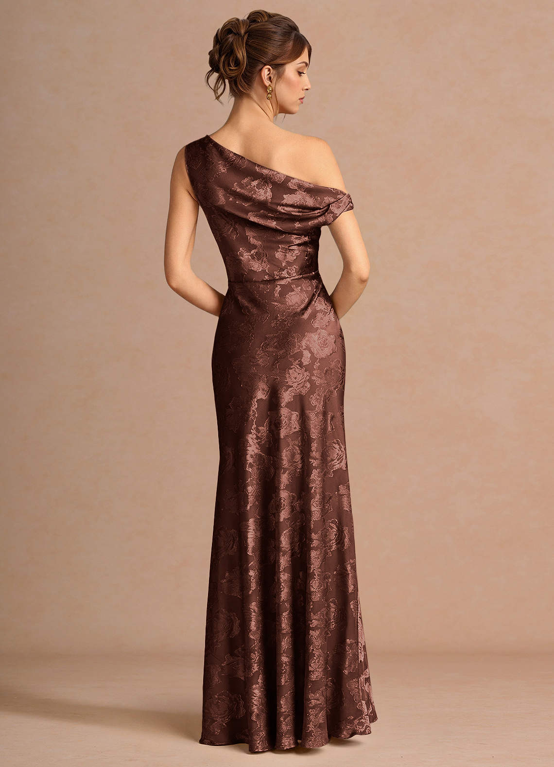 Kismet Mermaid One-Shoulder Fil Coupé Wedding Guest Dress in Mocha Coco