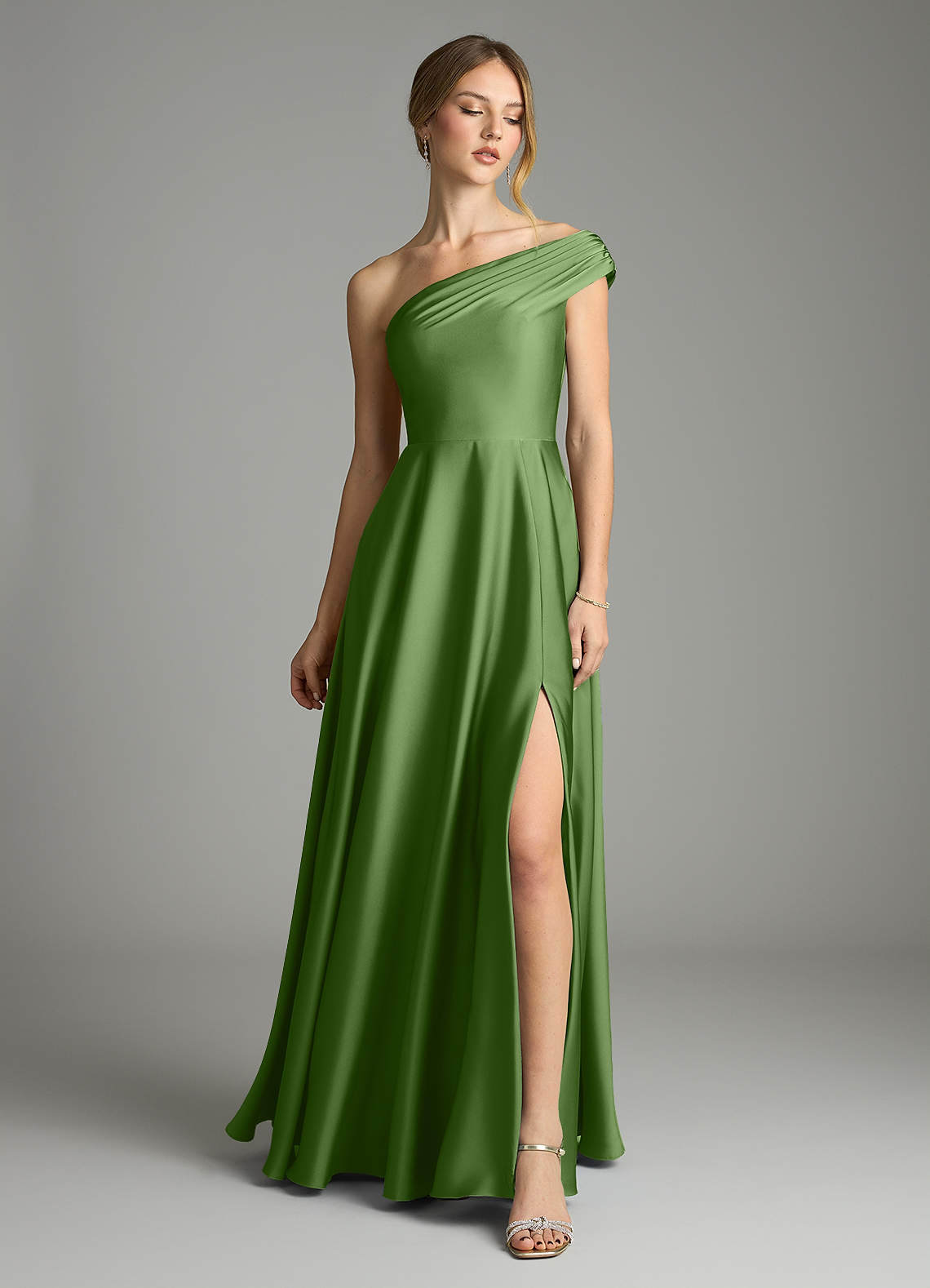 Melanie A-Line One-Shoulder Stretch Satin Bridesmaid Dress in Basil