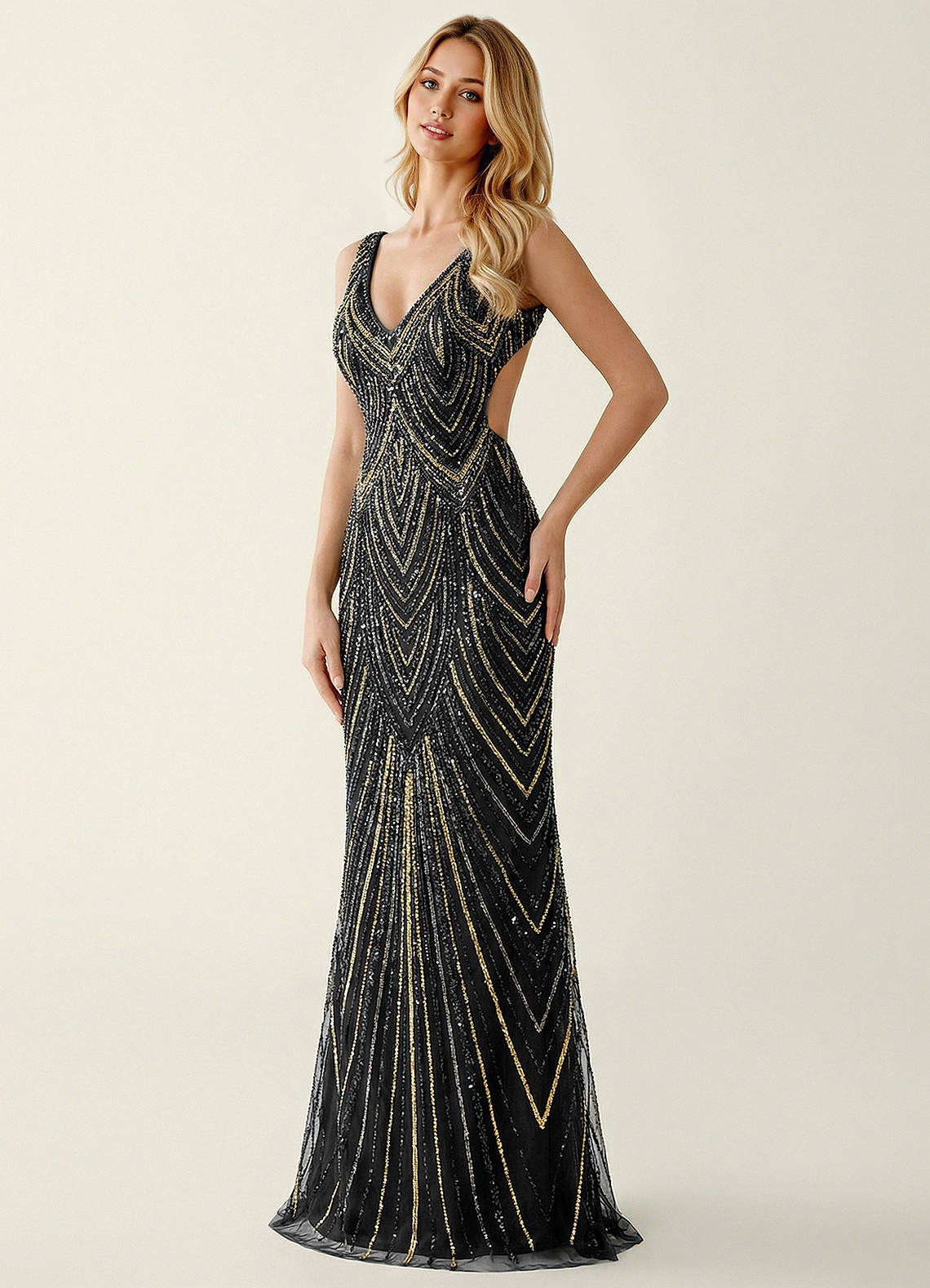 Hazelen Plunging V-Neck Chevron Sequin Tulle Evening Dress in Black