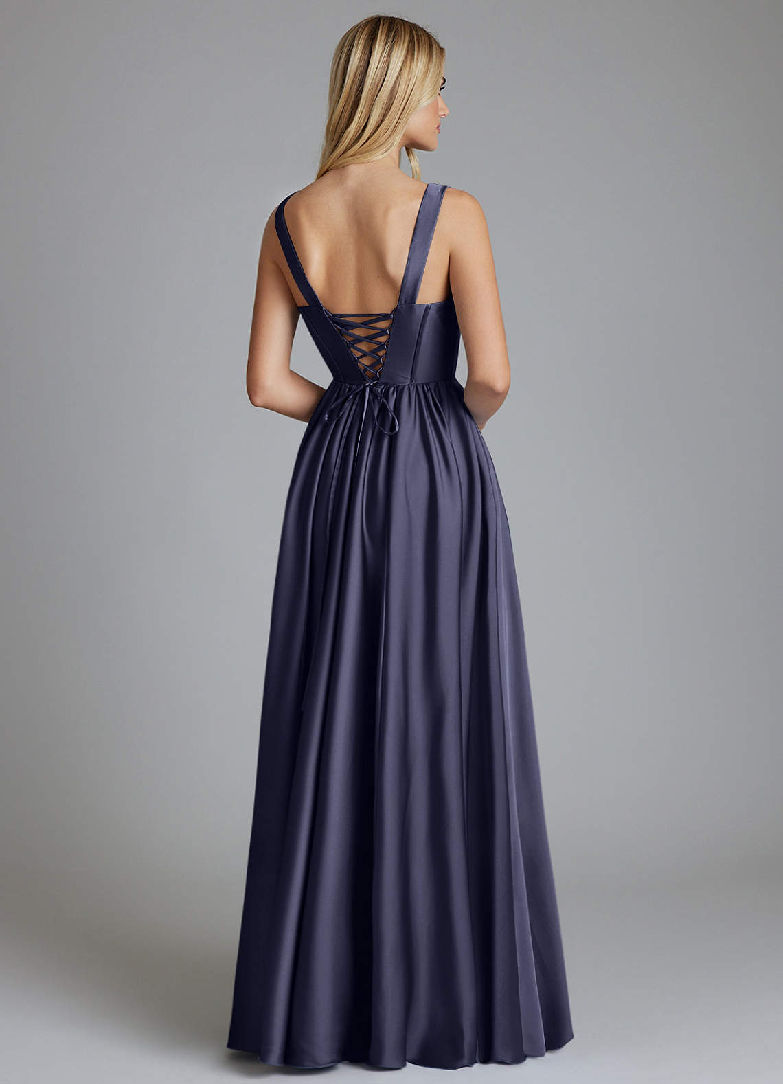 Delmie A-Line V-Neck Stretch Satin Bridesmaid Dress in Stormy