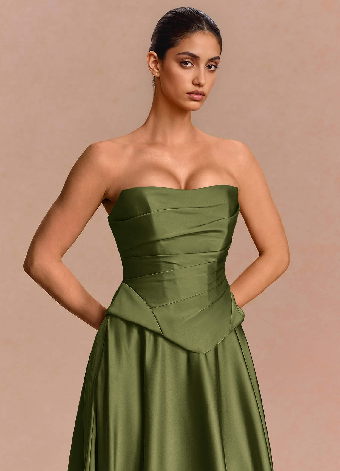 Eponine A-Line Pleated Stretch Satin Evening Dress in Olive