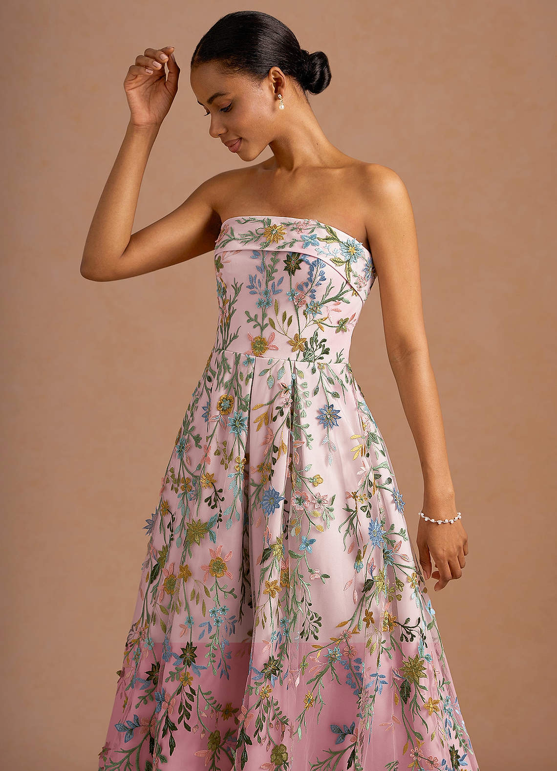 Evangeline Strapless Corset Floral Lace Evening Dress in candy pink